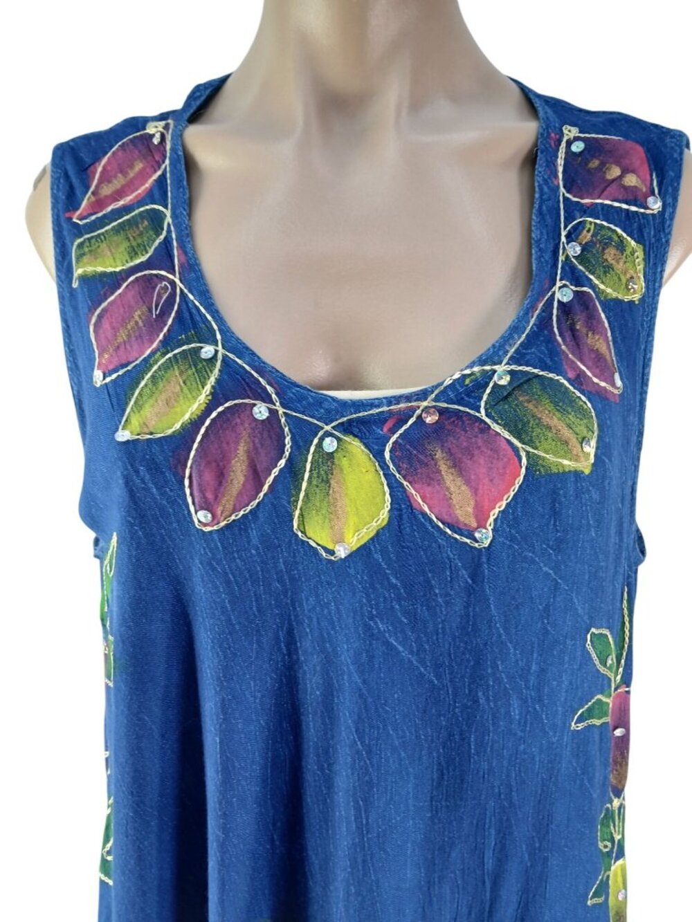 Riviera Sun Blue Hand Painted Floral Sleeveless Dress Size 2X Sequins Beachy - Picture 3 of 11